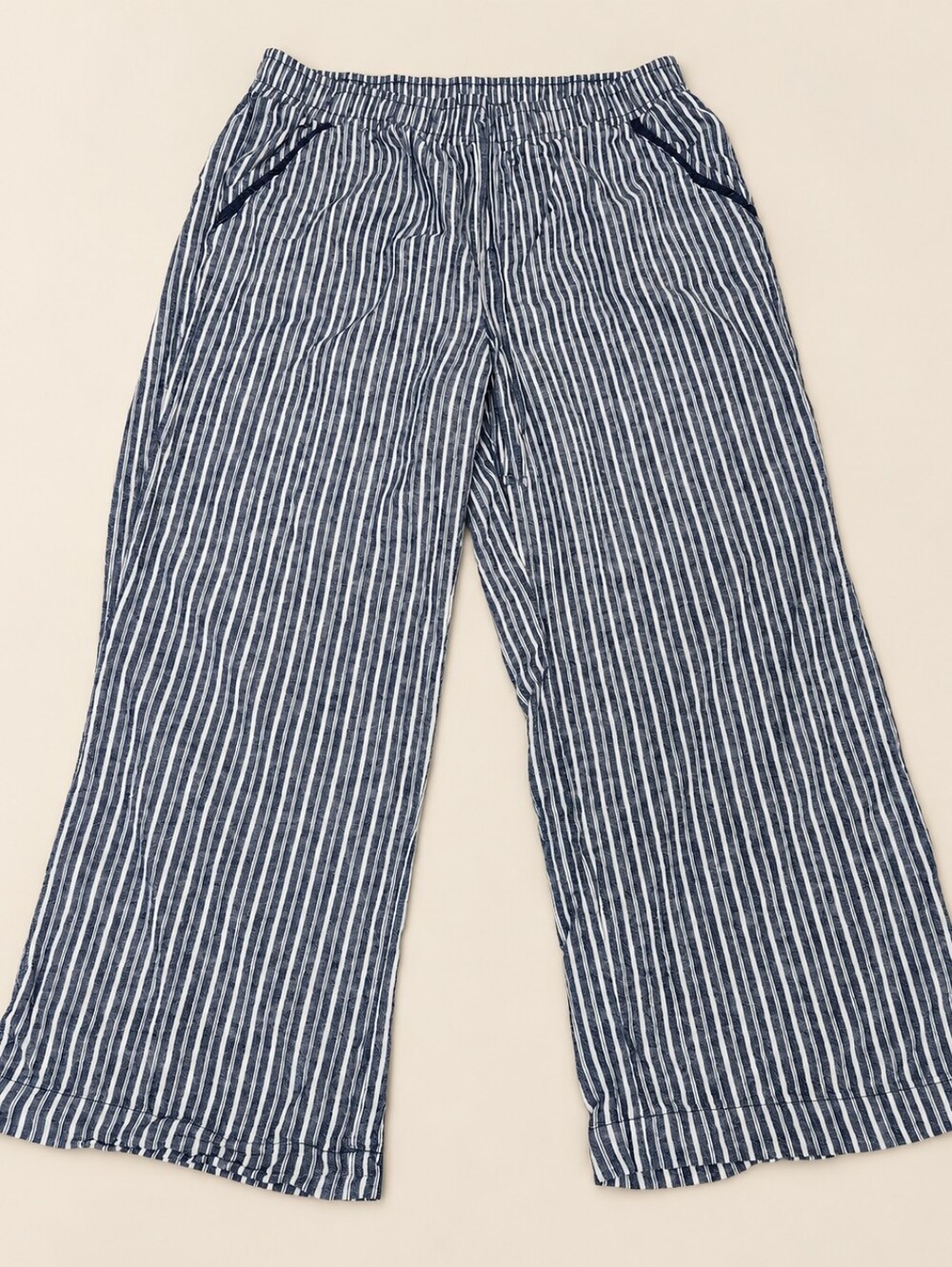 Briggs Palazzo Pants Navy Stripe Linen Blend Pull On Size XL Coastal